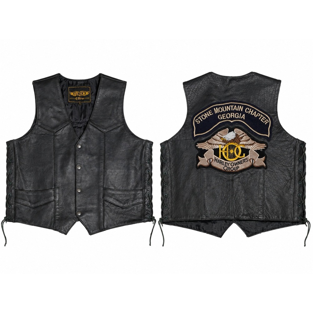 Unik Ultra Black Leather Biker Vest HOG Stone Mountain Georgia Patch Size 48